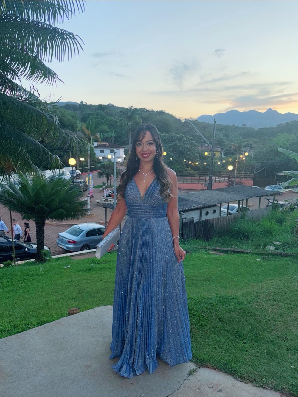 Shimmer Pleated V-Neck Gown